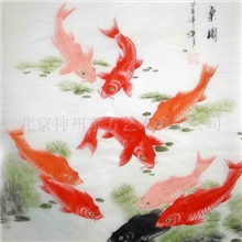 国画动物画工笔鲤鱼图绢画装饰画锦鲤鱼乐图