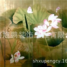 金箔画施工，手绘金箔画，酒店金箔画装饰，工艺美术花现场施工。