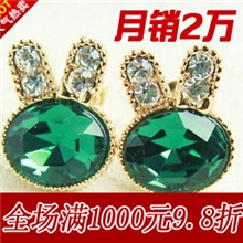 [荐]简蝶饰品日韩新款耳环海蓝色宝石水钻精致兔子耳钉批发