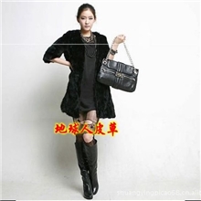 新款中长款兔毛黑色瘦身皮草长款外套兔毛外套服装