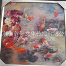 中国上海油画名家连纪平原创真迹壁画手绘发财鱼鲤鱼荷花动物挂画