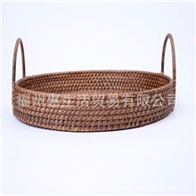 纯手工藤制品把手藤圆盘外贸原单田园风收纳篮