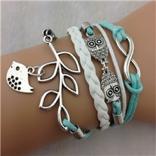 欧美复古猫头鹰8字树叶多股时尚亮丽皮绳手工编织手链