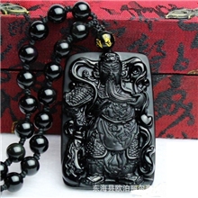 开光黑曜石磨砂关公吊坠男士招财护身驱邪助运保平安批发