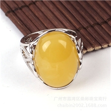 新店开业超低价925纯银镶嵌顶级鸡油黄蜜蜡原石戒指天然琥珀