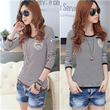 2013韩版秋装新款女士打底衫长袖圆领修身条纹t恤免费代理