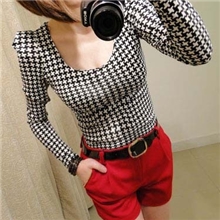 193欧美女装批发圆领格子打底衫千鸟格长袖修身打底衫批发爆款