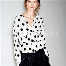 2142013春夏新款宽松版圆点波点长袖无领衬衫棉质女衬衣现货批发