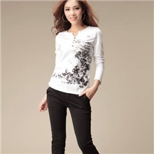 522女装秋装2013新款中国民族风水墨印花V领长袖大码T恤
