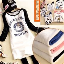 418#2013秋冬女装韩版插肩长袖加绒加厚印花打底衫长款包臀T恤