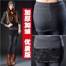 3100#蕾丝加绒打底裤包臀假两件打底裤批发显瘦修身九分裤裙裤