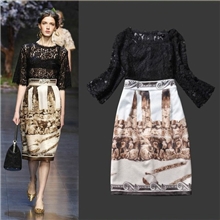 欧美高端女装时装走秀款复古透视蕾丝拼贵族印花连衣裙过膝中裙