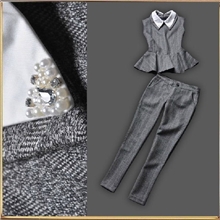 2013欧美范秋冬新品女装订珠翻领气质显瘦重工毛呢九分裤套装
