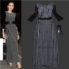 2013秋冬女装新款欧美大牌明星同款丝绒千鸟格修身长款连衣裙黑