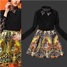 欧美风2013秋冬女装蕾丝拼接复古油画长袖连衣裙名媛假领A字裙