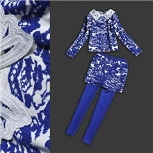 2013秋冬款欧美风女装白色翻领上衣+裙式小脚裤青花资女套装