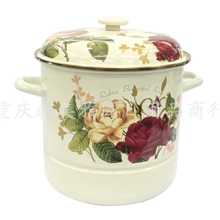 供应韩国日用品搪瓷蒸锅26CM大玫瑰搪瓷双层蒸锅电磁炉用锅