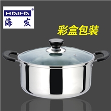 专业供应单底汤锅经典彩盒双柄16-22cm直形不锈钢电磁炉汤锅