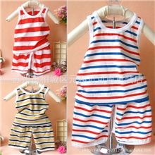 夏季爆款条纹开裆T恤套装宝宝套装小号背心开裆套装童套装