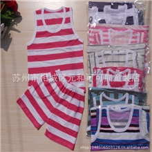 外贸条纹背心+满裆短裤儿童夏季套装；全棉T恤套装大号童套装