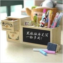 韩国文具原木创意黑板笔筒双层抽屉笔座抽屉笔筒小黑板批发