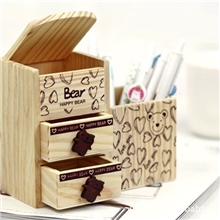 木制笔筒办公文具可爱小熊收纳盒双层抽屉礼品木质笔筒