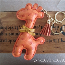 正品韩版包包挂件小流苏驼皮立体长颈鹿鸵鸟纹钥匙扣