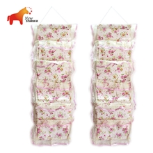 厂家直销收纳袋布艺蕾丝收纳袋挂袋可爱壁挂式收纳袋五连挂