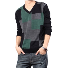 2013涤棉针织衫V领打底衫韩版修身拼接薄款毛衣几何图案