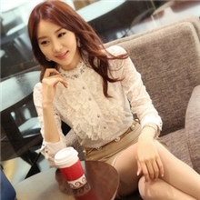 韩版秋装新款韩版蕾丝钉珠立领长袖打底衫长袖雪纺上衣