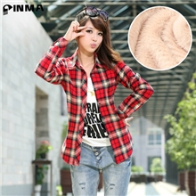 【伙拼】拼马秋冬新款女士磨毛格子长袖加绒加厚保暖衬衫衬衣大码