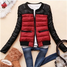 爆款女装外套！韩版2013秋冬新款女装圆领拼皮短款棉衣加厚棉服