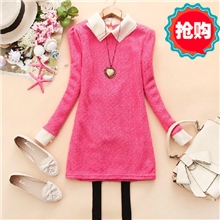 韩版2013秋冬新款女装拼色三层娃娃领拼接针织连衣裙