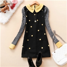 韩版2013秋装新款女装娃娃领镂空波点毛呢连衣裙