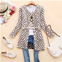 韩版2013秋装新款女装圆领拼色中长款开衫针织衫