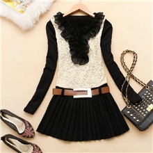 四季青爆款批发韩版2013秋冬新款女装荷叶边蕾丝拼接连衣裙