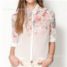 现货批发2013夏季新款欧美渐变花朵印花长袖翻领雪纺衬衫衬衣女装