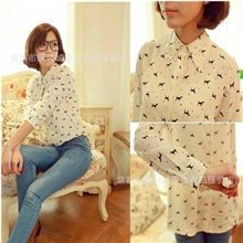 现货批发2012春季欧美新款翻领铆钉领雪纺长袖小狗图案衬衣衬衫女