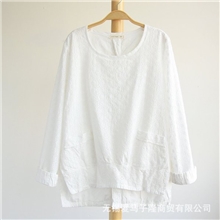 2013秋季女装新品日式双口袋镂空刺绣白色纯棉质女式套头长袖衬衫