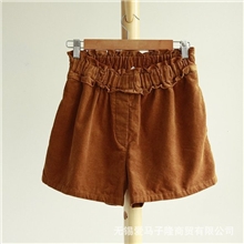 秋装新品日系松紧腰荷叶边甜美宽松灯芯绒女士短裤靴裤子
