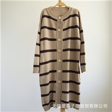 秋季女装新品日系羊毛混纺长款条纹开衫女士长袖加厚宽松毛衣
