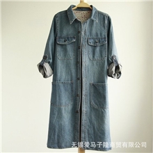 秋季新品批发日系高品质水洗加厚女式单排扣长款牛仔风衣外套