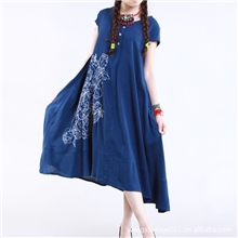 花魂新夏装/民族风女装/亚麻刺绣长裙连衣裙/超大码x056