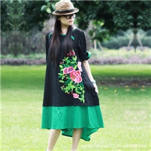 批发传说原创民族风女装棉麻宽松大码刺绣假双层连衣裙c111