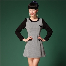 女装货源2013秋冬新款女装千格鸟黑白撞色长袖品牌瑞丽连衣裙