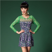 欧洲站2013秋装新品连衣裙重工镶钻圆领印花蕾丝长袖女连衣裙子