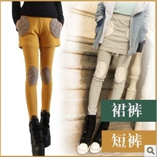 韩版秋款纯棉质假两件口袋膝盖补丁打底裤包臀裙短裙女短裤批发