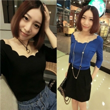 B003秋冬新款纯棉波浪花边打底衫低领加绒加厚女士长袖t恤