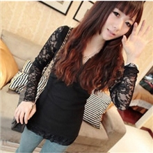 秋冬新款韩国女V领开叉打底衫修身显瘦蕾丝长袖T恤