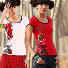 批发民族风2013韩版春夏装原创女装贴布绣花修身短袖T恤女鲤书
